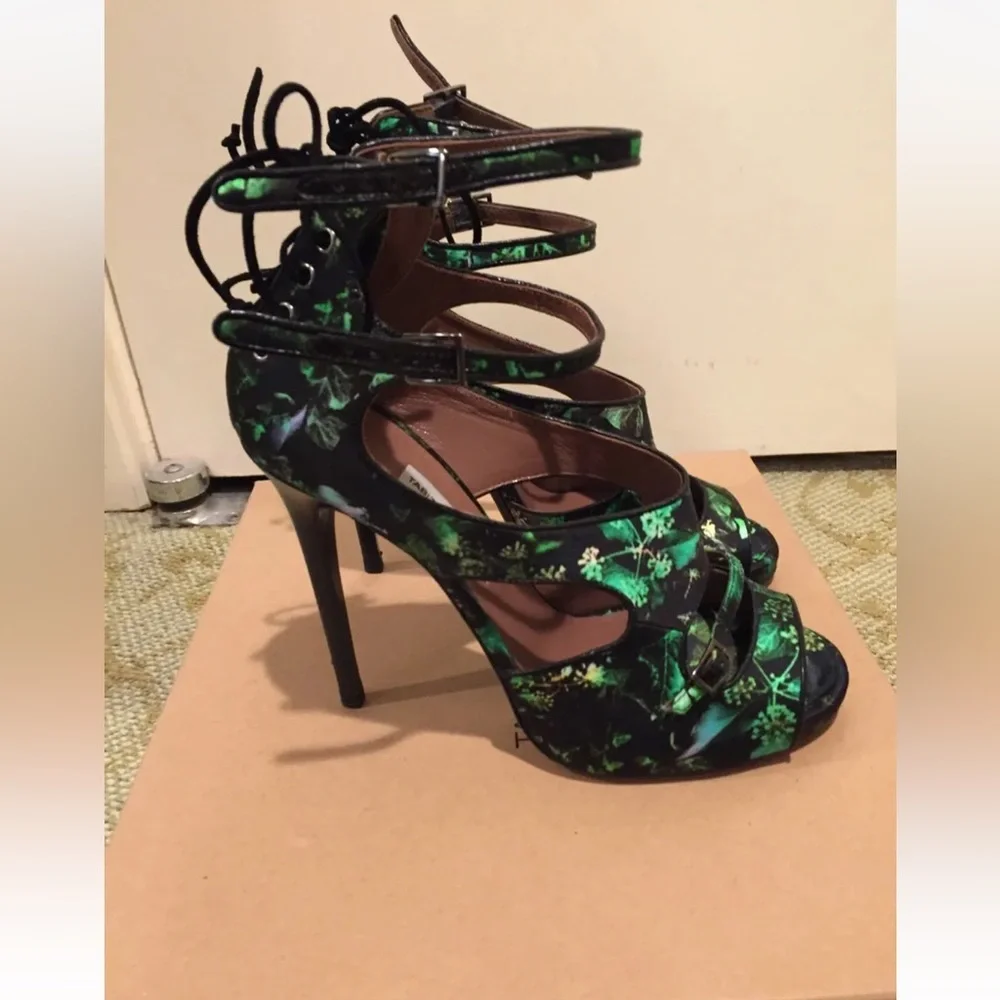 Tabitha Simmons Bailey Floral Printed Satin Sandals Green Ivy Print Black Box - Picture 3 of 8